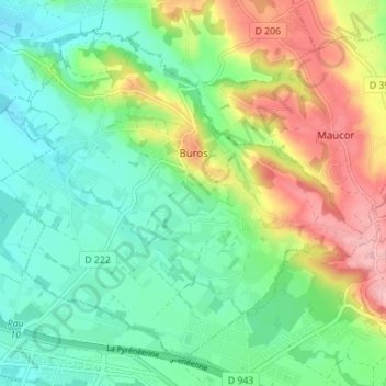 Mapa topográfico Buros, altitude, relevo