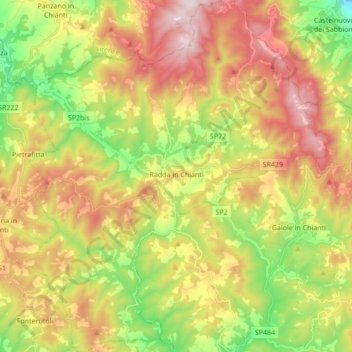 Mapa topográfico Radda in Chianti, altitude, relevo