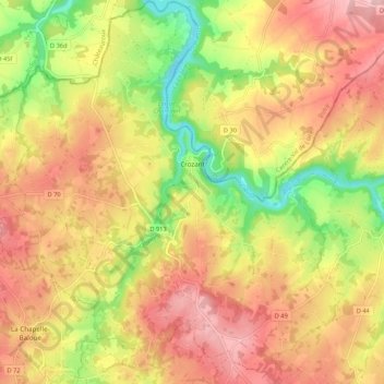 Mapa topográfico Crozant, altitude, relevo