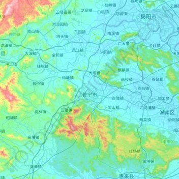 Mapa topográfico 普宁市, altitude, relevo
