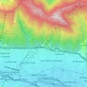 Mapa topográfico Municipio Chacao, altitude, relevo
