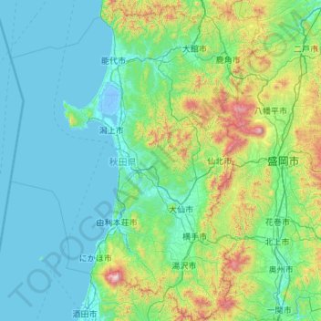 Mapa topográfico 秋田県, altitude, relevo