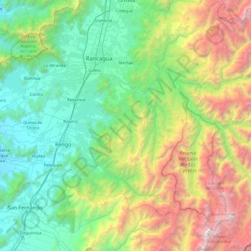 Mapa topográfico Machalí, altitude, relevo