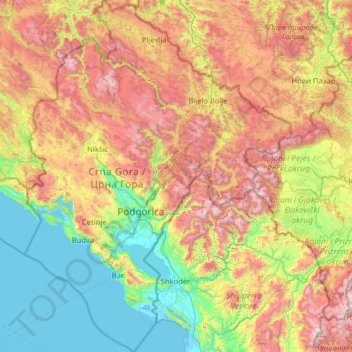 Mapa topográfico Montenegro, altitude, relevo