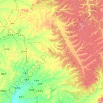 Mapa topográfico 北安市, altitude, relevo