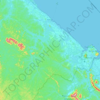 Mapa topográfico Kourou, altitude, relevo