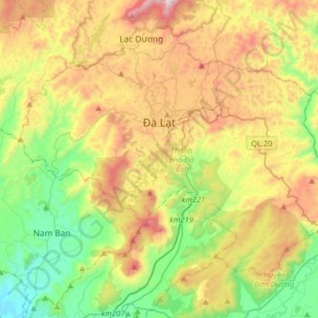 Mapa topográfico Đà Lạt, altitude, relevo