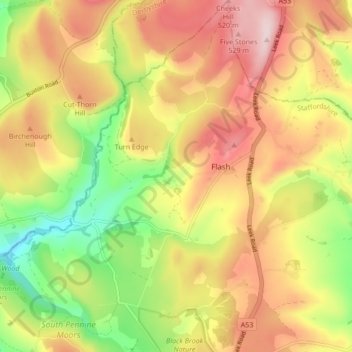 Mapa topográfico Quarnford, altitude, relevo