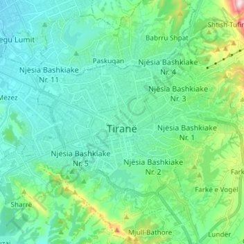 Mapa topográfico Tirana, altitude, relevo