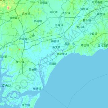 Mapa topográfico 吴川市, altitude, relevo