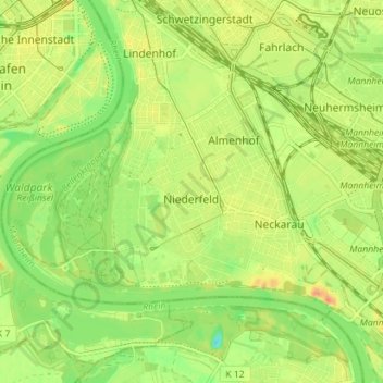 Mapa topográfico Neckarau, altitude, relevo