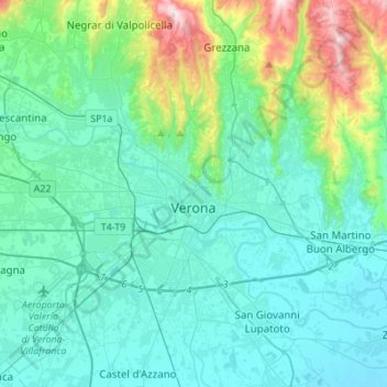 Mapa topográfico Verona, altitude, relevo