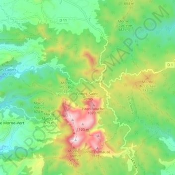 Mapa topográfico Fonds-Saint-Denis, altitude, relevo