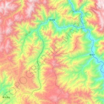 Mapa topográfico 塔城镇, altitude, relevo