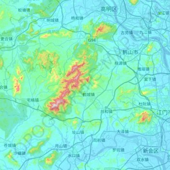 Mapa topográfico 鹤山市, altitude, relevo