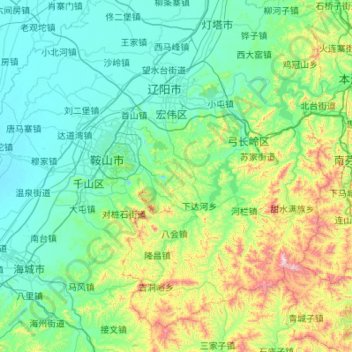 Mapa topográfico 辽阳县, altitude, relevo