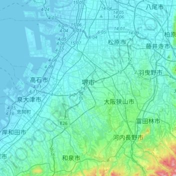 Mapa topográfico 堺市, altitude, relevo