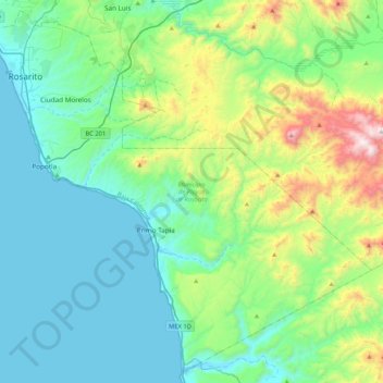 Mapa topográfico Municipio de Playas de Rosarito, altitude, relevo
