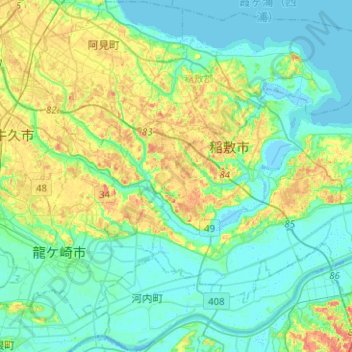 Mapa topográfico 稲敷郡, altitude, relevo