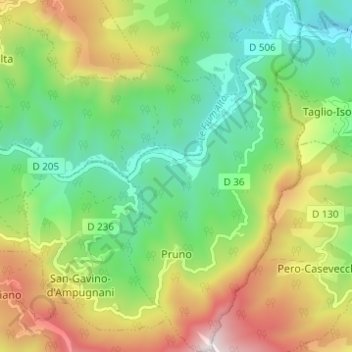 Mapa topográfico Pruno, altitude, relevo