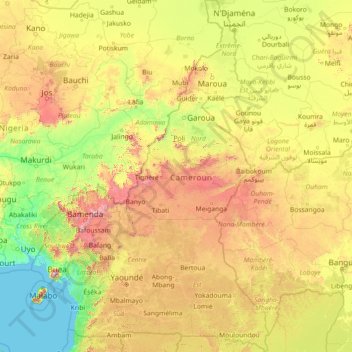 Mapa topográfico Camarões, altitude, relevo