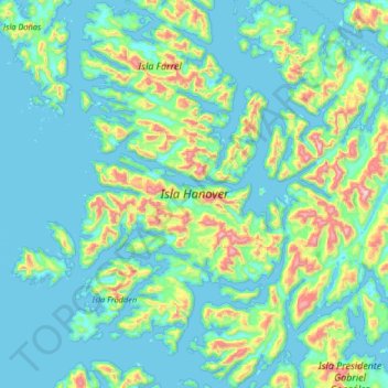 Mapa topográfico Isla Hanover, altitude, relevo
