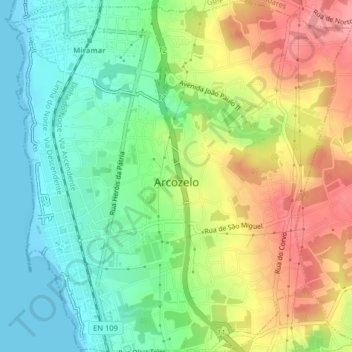 Mapa topográfico Arcozelo, altitude, relevo