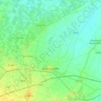 Mapa topográfico Bagnacavallo, altitude, relevo