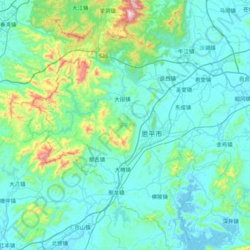 Mapa topográfico 恩平市, altitude, relevo