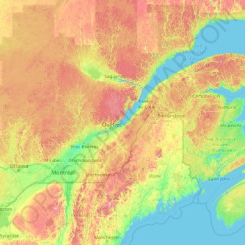 Mapa topográfico Fleuve Saint-Laurent, altitude, relevo