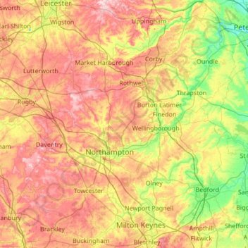 Mapa topográfico Northamptonshire, altitude, relevo