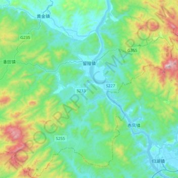 Mapa topográfico 留隍镇, altitude, relevo