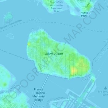 Mapa topográfico Rikers Island, altitude, relevo