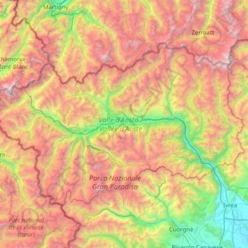 Mapa topográfico Valle d'Aosta / Vallée d'Aoste, altitude, relevo