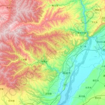 Mapa topográfico 韩城市, altitude, relevo
