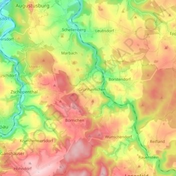 Mapa topográfico Grünhainichen, altitude, relevo