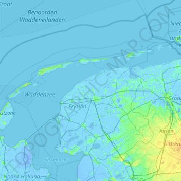 Mapa topográfico Nederlandse Waddeneilanden, altitude, relevo