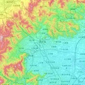 Mapa topográfico 昌平区, altitude, relevo