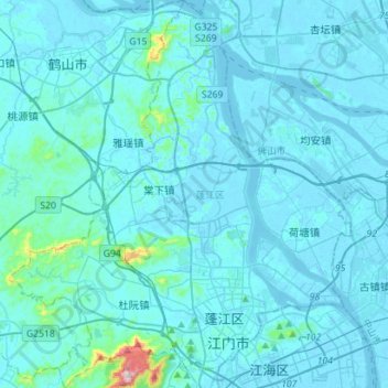 Mapa topográfico 蓬江区, altitude, relevo