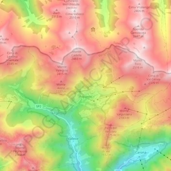 Mapa topográfico Foppolo, altitude, relevo