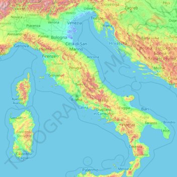 Mapa topográfico península Itálica, altitude, relevo
