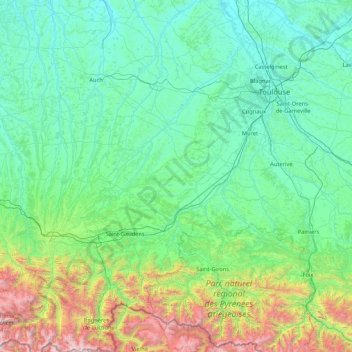 Mapa topográfico Alto-Garona, altitude, relevo