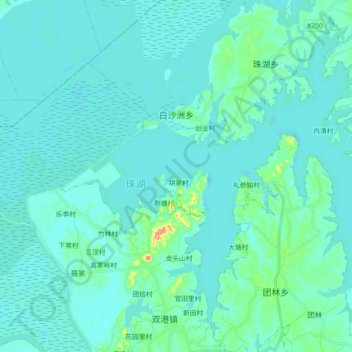 Mapa topográfico 白沙洲乡, altitude, relevo