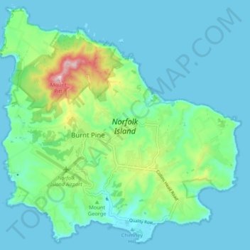 Mapa topográfico Norfolk Island, altitude, relevo