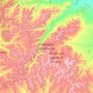 Mapa topográfico Washakie Wilderness Area, altitude, relevo