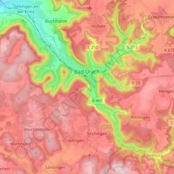 Mapa topográfico Bad Urach, altitude, relevo