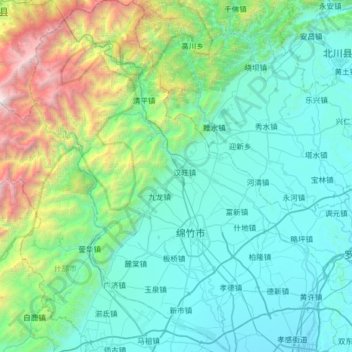 Mapa topográfico 绵竹市, altitude, relevo