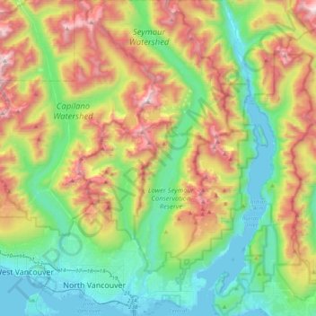 Mapa topográfico North Vancouver, altitude, relevo