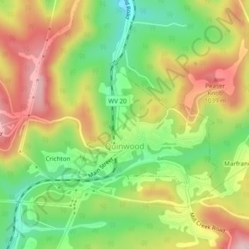 Mapa topográfico Quinwood, altitude, relevo