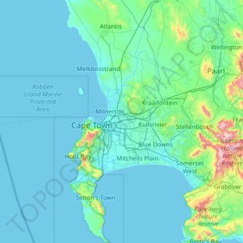 Mapa topográfico City of Cape Town, altitude, relevo